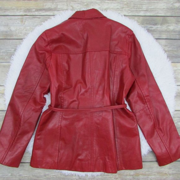 Express Zip Front Belted Leather Jacket Red - Picture 5 of 12
